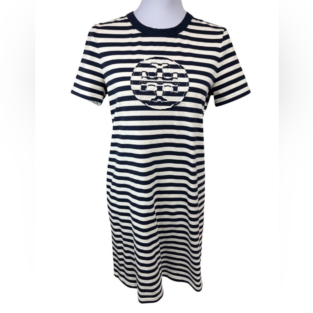 Tory Burch Logo T-Shirt Nautical Striped Short Sleeve Dress Navy/Ivory Medium